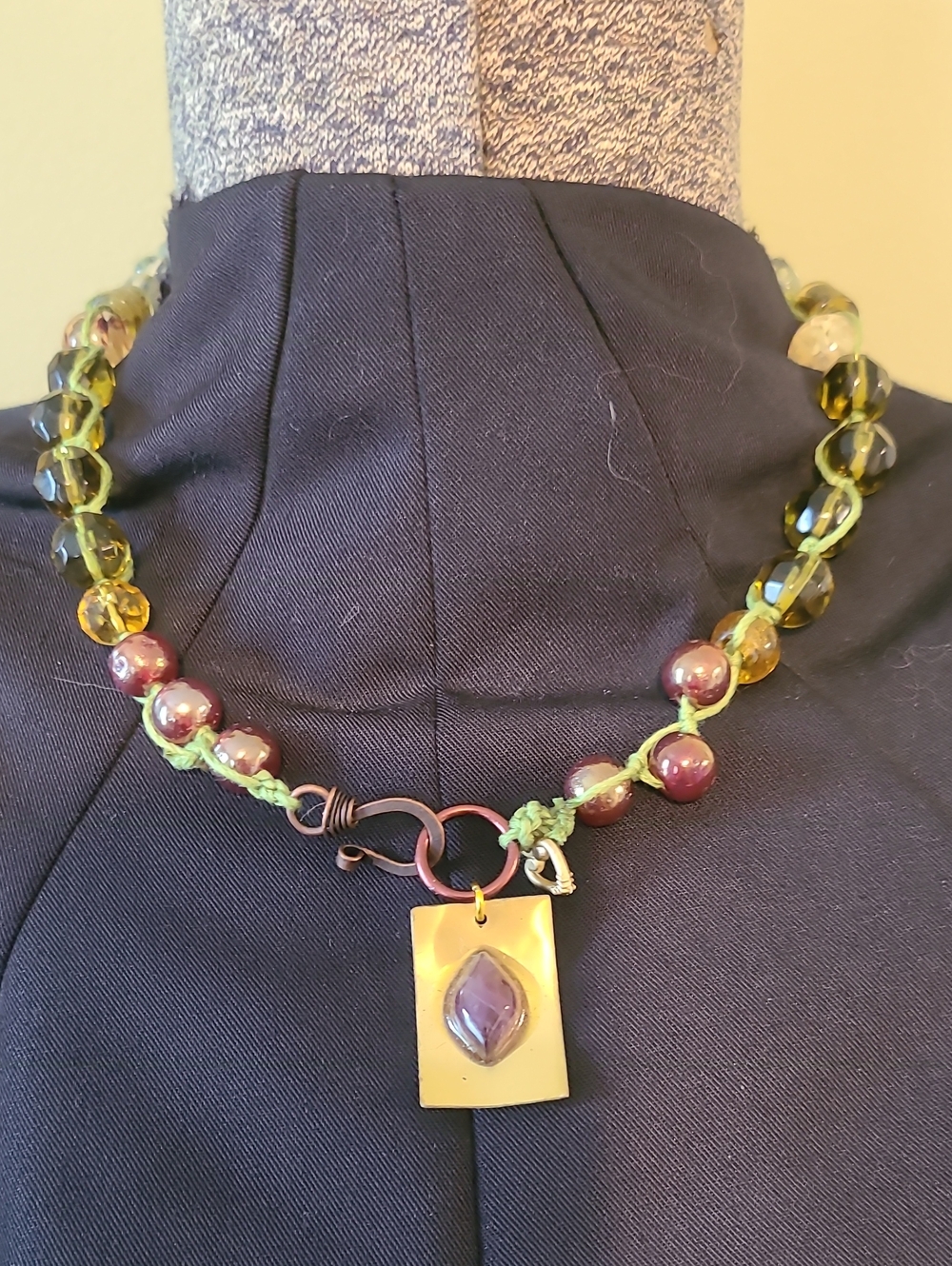 Handcrafted Green and Purple Beaded Necklace with Amethyst Pendant By Grey Dove